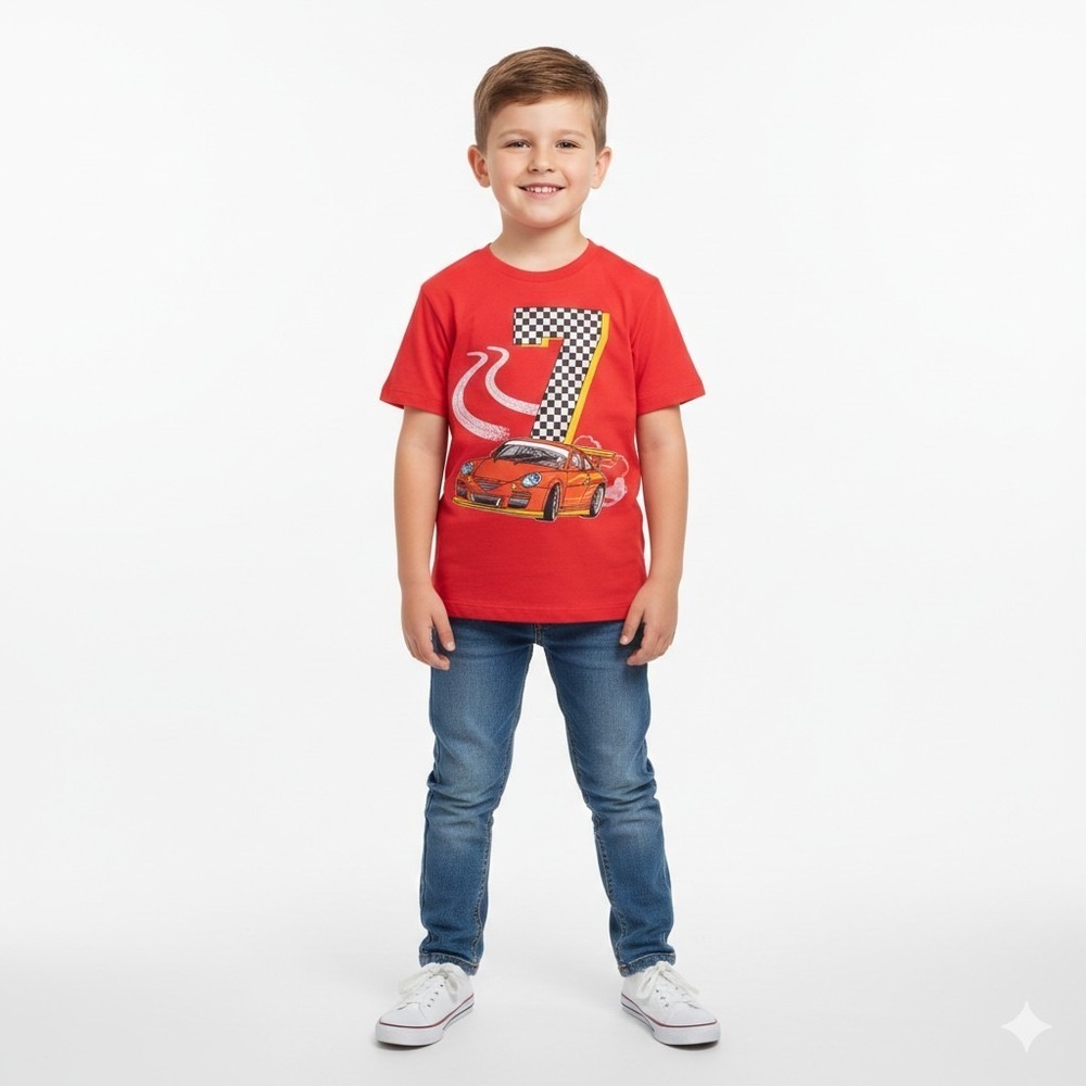 Gildan Kids 7 Year Bithday Race Car‎ For Boys Small Red T-chirt